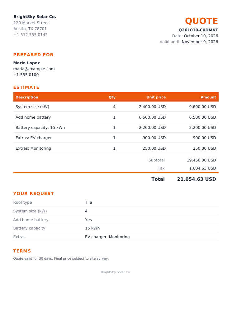 A generated PDF quote with company branding, line items and terms