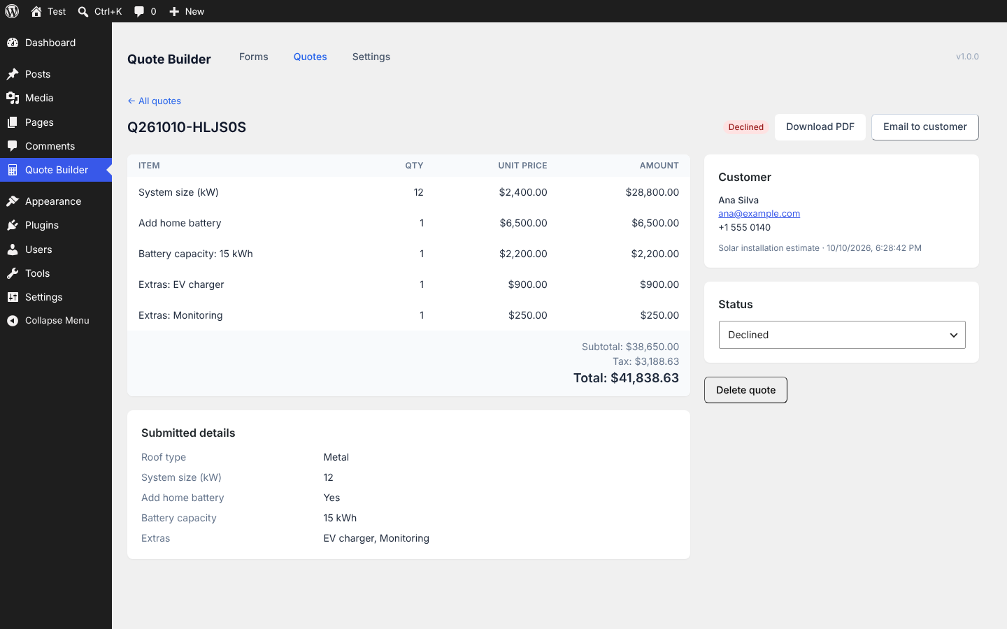 Quote detail screen with line items, customer details and status