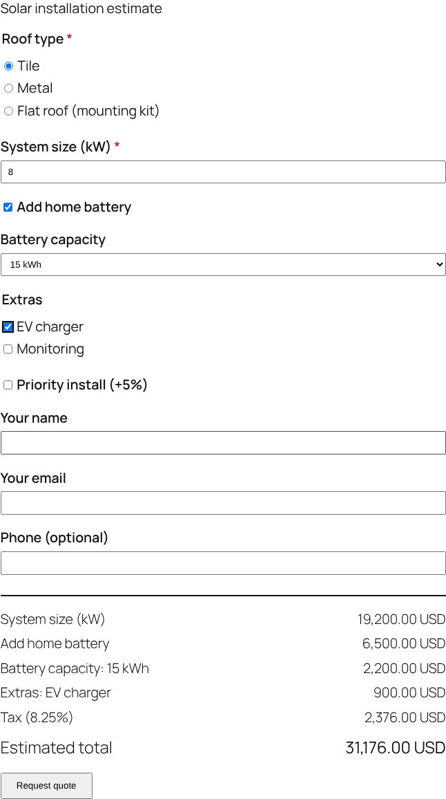 The visitor-facing quote form with a live running total